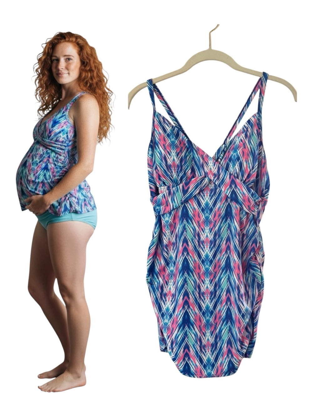 Pink Blush Maternity Tankini Swim Top Size L Padded Cups Ruched Blue Multi